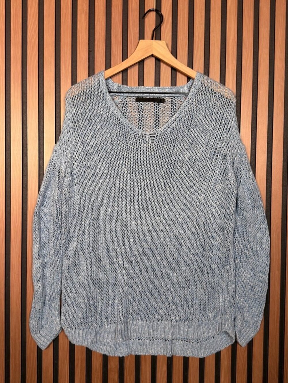 Jenni Kayne Sweater Medium Womens Blue Open Knit Silk Linen Crotchet Round Neck